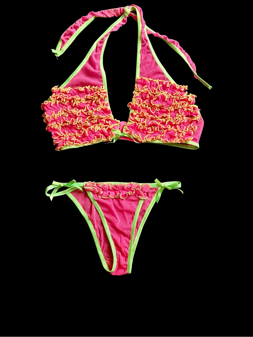 NWOT Leg Avenue Neon Pink Lime Green Mesh Ruffle Bikini Set Fits like S NWOT